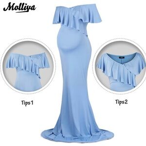 NWT Maternity Women's Off-Shoulder Blue Maxi Dress
